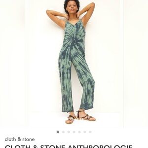 cloth & stone Green Tie-Dye V‑Neck Wide‑Leg Jumpsuit